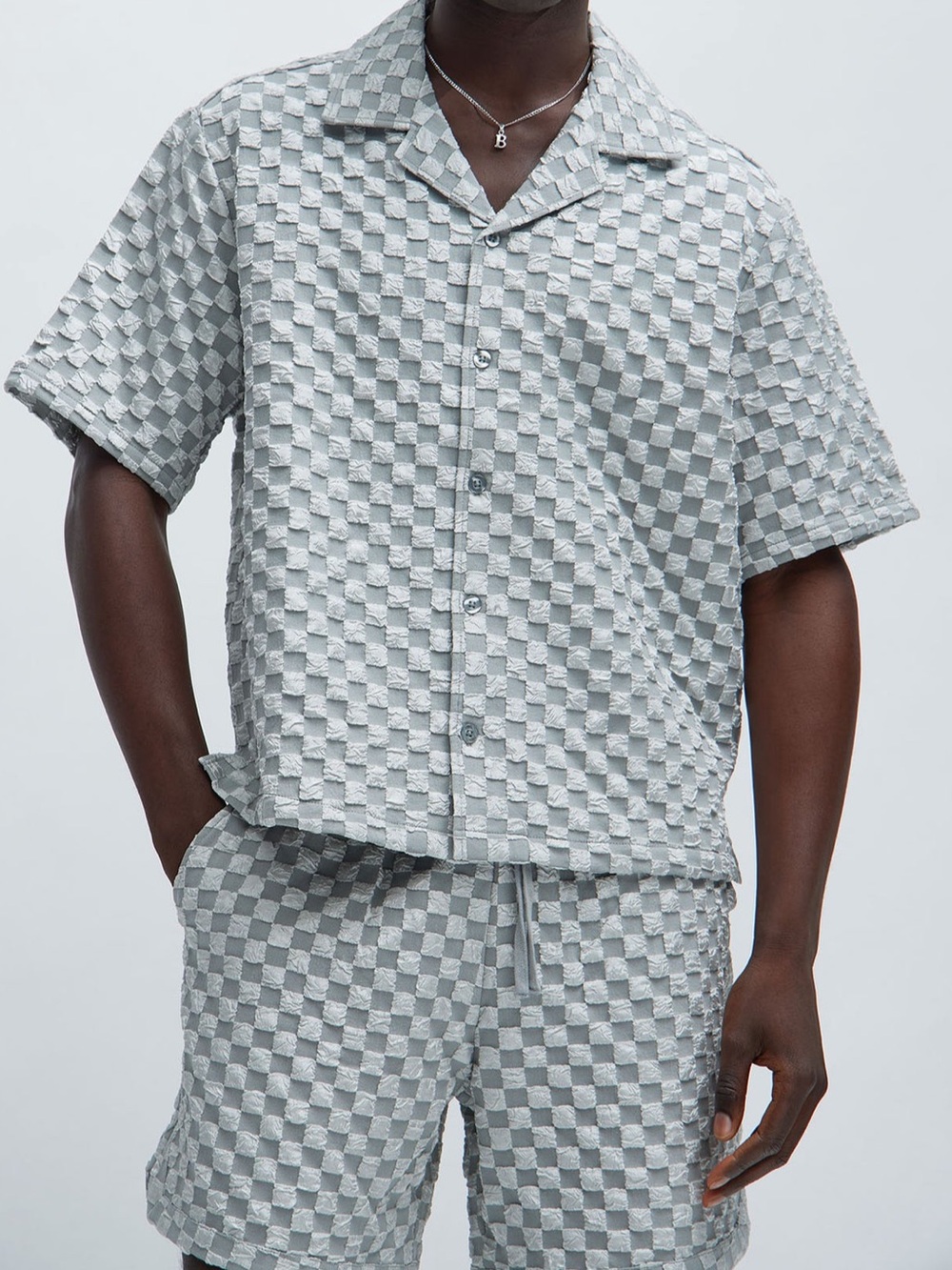 Fashion Nova Men’s Crinkle Textured Checkered Shirt in Grey | part of set | NWOT